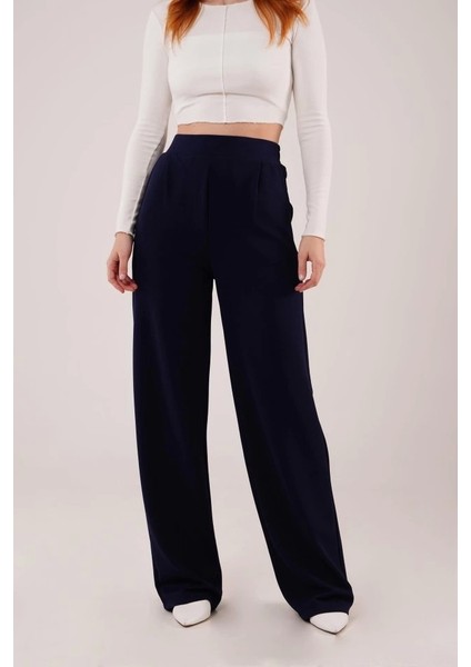 Yüksek Bel Bol Paça Krep Lacivert Pantolon fiyatları