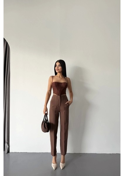 Pantolon Pensli Atlas Kumaş - Kahverengi