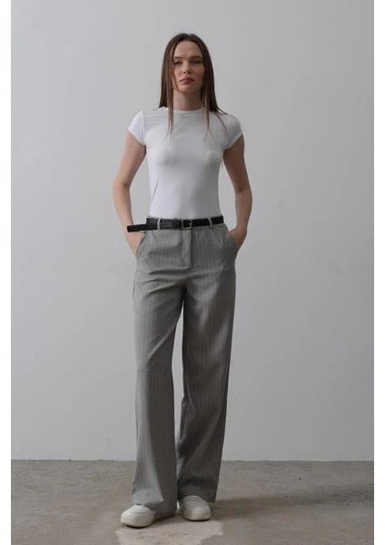 Kemerli Palazzo Pantolon - Gri-Beyaz