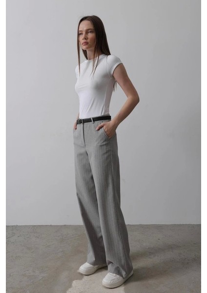 Kemerli Palazzo Pantolon - Gri-Beyaz fırsatları