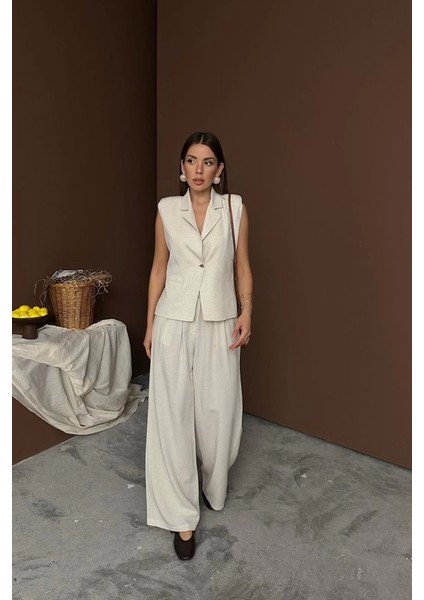 Bej Keten Yelek Pantolon Takım
