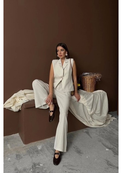 Bej Keten Yelek Pantolon Takım modelleri