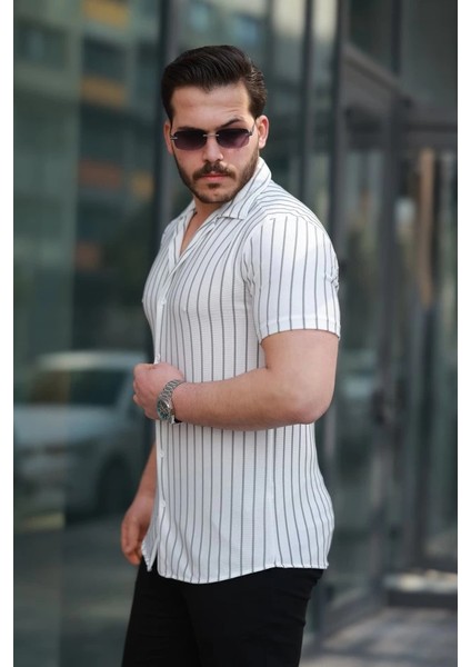 Erkek Kısa Kollu Gri Çizgi Desenli Örme Kumaş Pamuklu Gömlek fiyatları