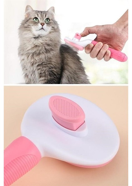 Buffer® Kedi Köpek Tüy Toplayıcı Kendini Temizleyebilen Ergonomik Saplı Evcil Hayvan Tarağı Pembe