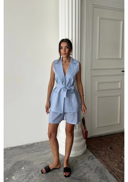 Keten Yelek - Şort Takım - Mavi