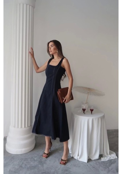 Lacivert Çift Dikişli Gabardin Elbise