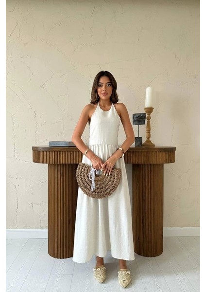 Bej Arkası Gipeli Keten Elbise fiyatları