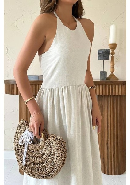 Bej Arkası Gipeli Keten Elbise fırsatları