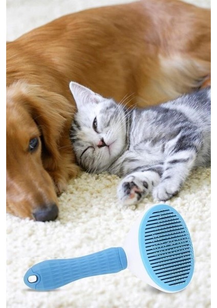 Buffer® Kedi Köpek Tüy Toplayıcı Kendini Temizleyebilen Ergonomik Saplı Evcil Hayvan Tarağı Mavi