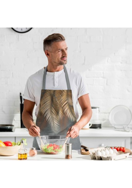 Kahverengi Palmiye Yaprak Detaylı Mutfak Önlüğü (Keten, Uluslararası Yıkama ve Solmama Sertifikası)
