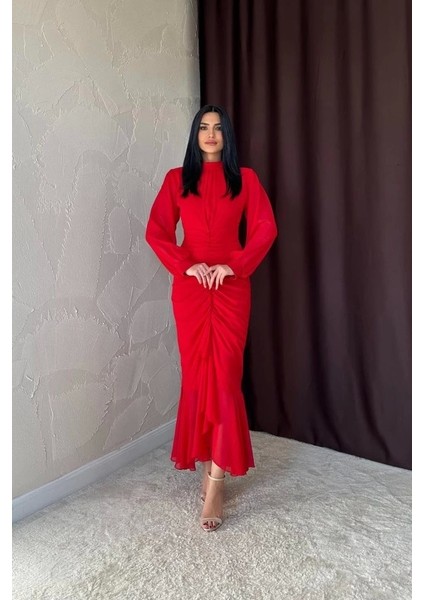 Kırmızı Önü Büzgülü Şifon Elbise