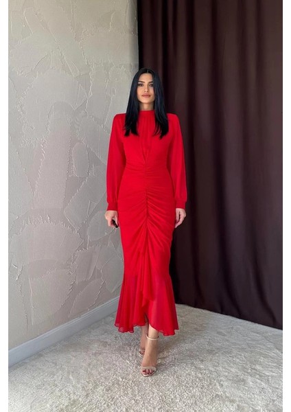 Kırmızı Önü Büzgülü Şifon Elbise fiyatları