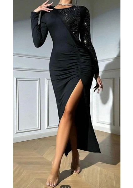 Kadın Krep Dalgıç Kumaş Taş Aksesuarlı Yırtmaç Detaylı Uzun Kollu Elbise fırsatları