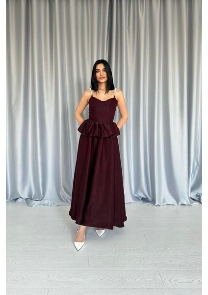 Bordo Beli Büzgülü Inci Askılı Uzun Elbise fiyatları