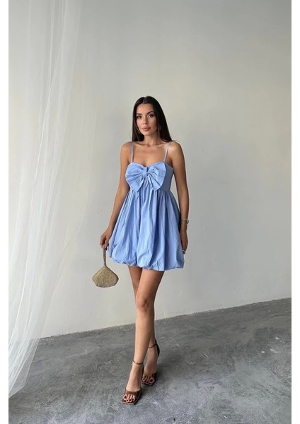 Mavi Önü Fiyonklu Askılı Elbise