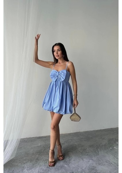 Mavi Önü Fiyonklu Askılı Elbise fiyatları