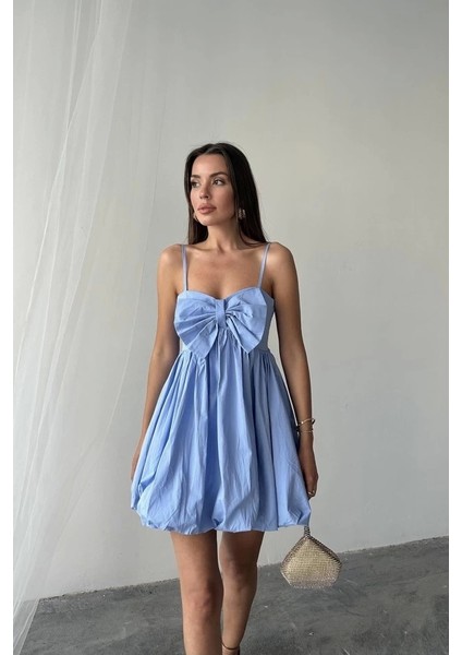 Mavi Önü Fiyonklu Askılı Elbise fırsatları