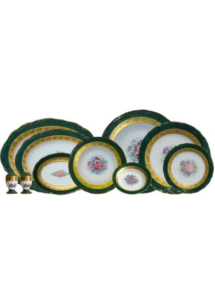 Dark Green Flowers 74 Parça 12 Kişilik Yemek Takımı