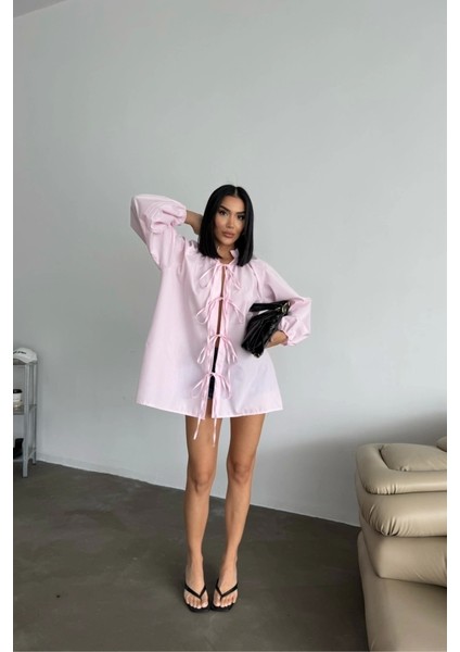 Gömlek Poplin Hakim Yaka Önden Bağlama Ip Detaylı - Pembe fırsatları