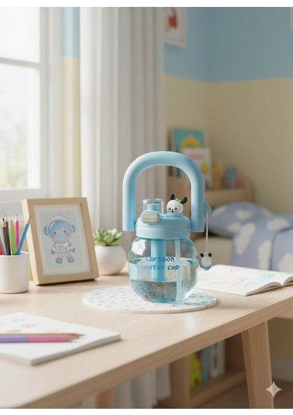 Sevimli Çocuk Suluk Mavi – Pipetli & Detoks Hazneli 500 ml Su Şişesi Anaokulu Ilkokul