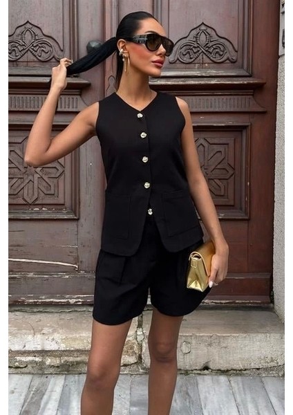 Gold Düğme Detaylı Yelek Şort Cotton Takım 10134-17