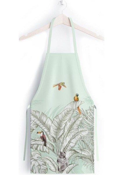 Renkli Palmiye Yaprak Detaylı Mutfak Önlüğü -Keten Kumaş, Uluslararası Yıkama ve Solmama Sertifikası