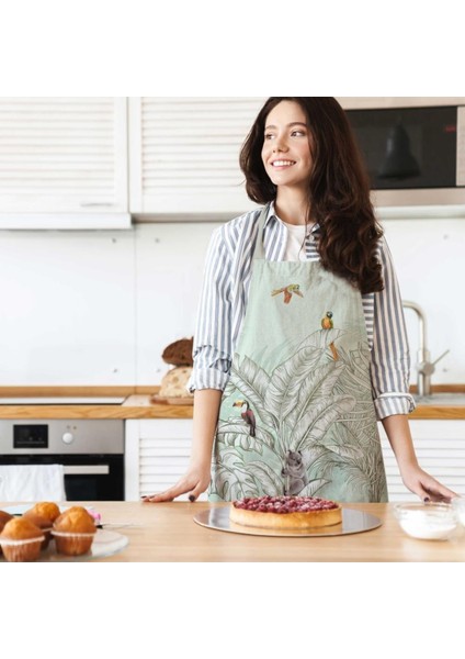 Renkli Palmiye Yaprak Detaylı Mutfak Önlüğü -Keten Kumaş, Uluslararası Yıkama ve Solmama Sertifikası fiyatları