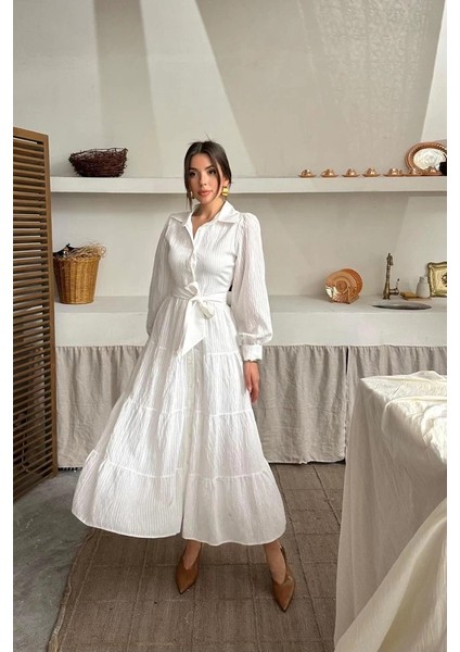 Ekru Çizgi Desenli Uzun Elbise