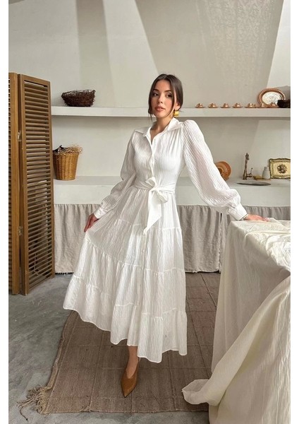 Ekru Çizgi Desenli Uzun Elbise fiyatları