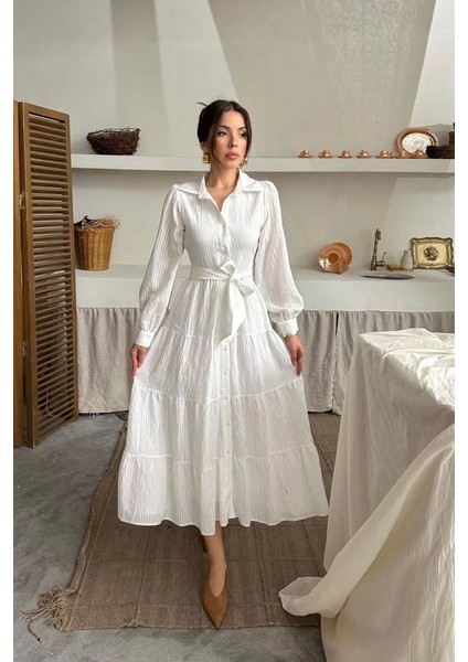 Ekru Çizgi Desenli Uzun Elbise fırsatları