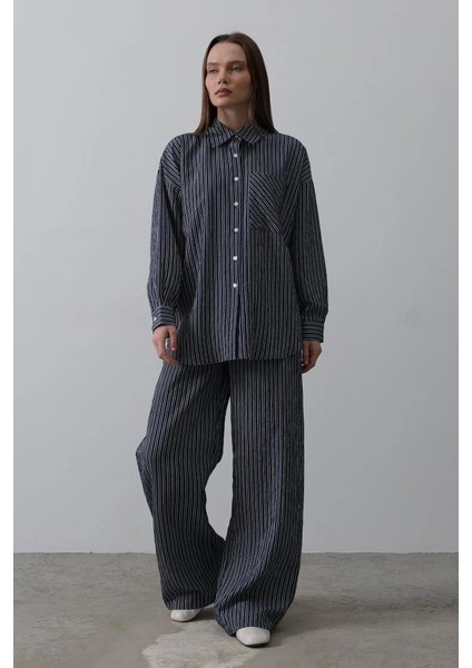 Çizgili Cep Detaylı Oversize Takım - Lacivert