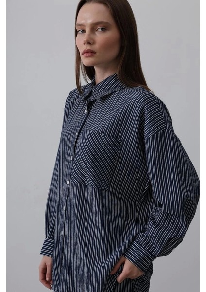 Çizgili Cep Detaylı Oversize Takım - Lacivert modelleri