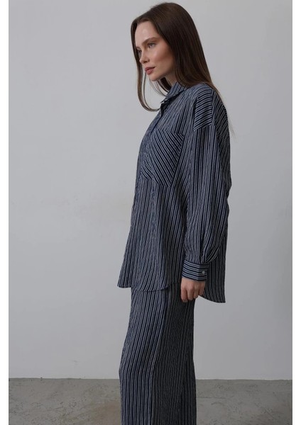 Çizgili Cep Detaylı Oversize Takım - Lacivert fırsatları