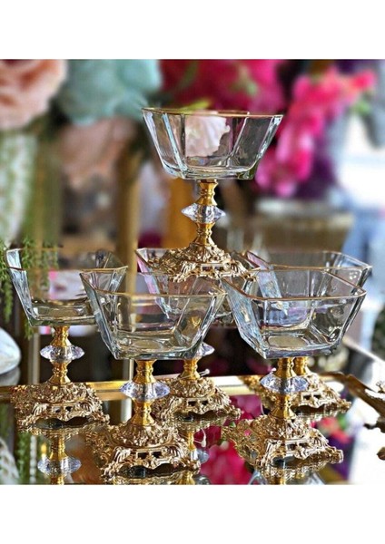 Metal Pirinç Ayaklı Cam Tatlı Dondurma Çerezlik Kase Altın 6lı fiyatları