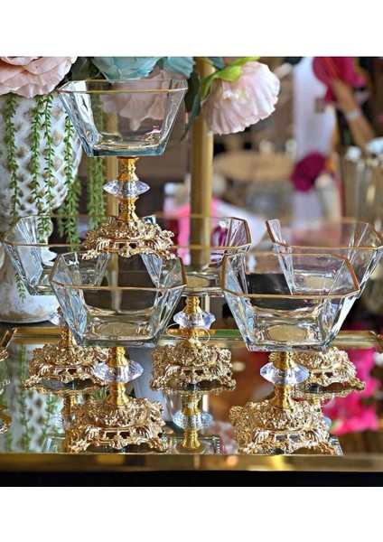 Metal Pirinç Ayaklı Cam Tatlı Dondurma Çerezlik Kase Altın 6lı modelleri