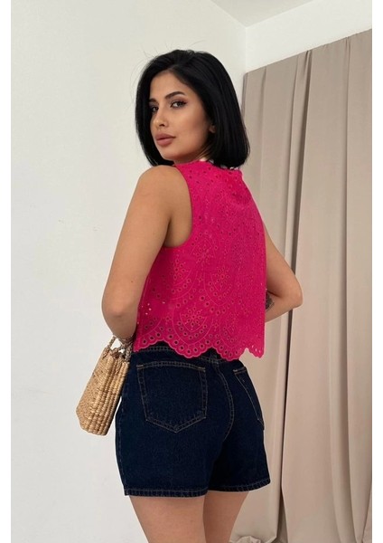 Fuşya Sıfır Kol Brode Bluz modelleri