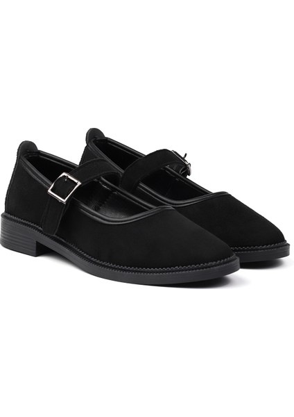 Kadın Siyah Anne Ayakkabısı Tokalı Süet Kaydırmaz Termo Taban Kısa Topuklu Rahat Günlük