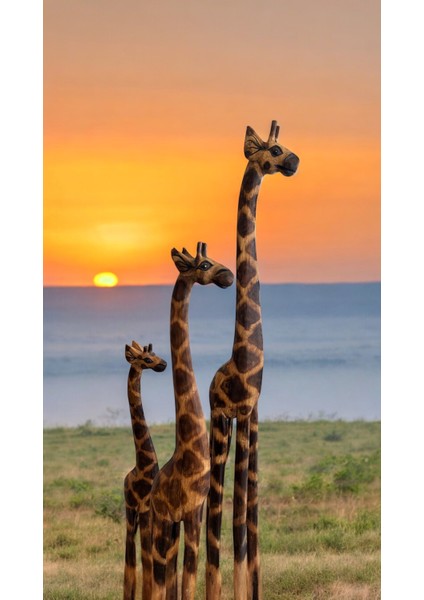 Ahşap Oyma Zürafa Ailesi Seti – El Yapımı Dekoratif Hayvan Figürleri El Işçiliği Ahşap Zürafa Ailesi – 180/150/120 cm Dekoratif Figür Seti