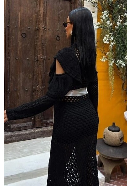 Saten Kuşaklı Ajurlu Triko Elbise 2847 fırsatları