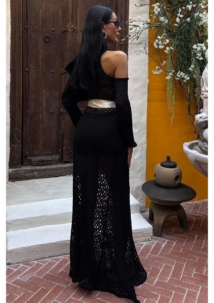 Saten Kuşaklı Ajurlu Triko Elbise 2847 indirimleri