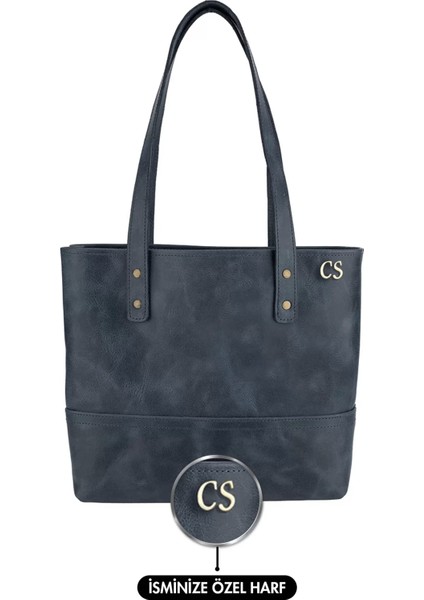 Isme Özel Tote Bag El Omuz Çantası - %100 Rainbow Deri - AC03003 - Lacivert