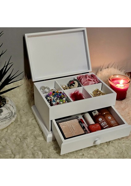 Ahşap 6 Bölmeli Takı Makyaj Organizeri Dekoratif Aksesuar Kutusu Düzenleyici