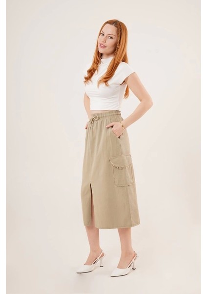 Ön Yırtmaçlı Cep Detaylı Haki Etek fırsatları