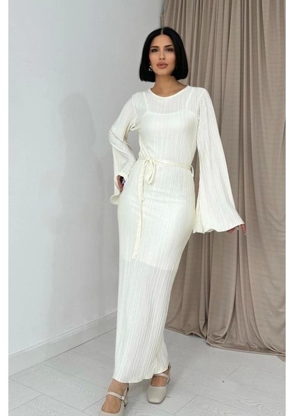 Ekru Ispanyol Kol Piliseli Elbise