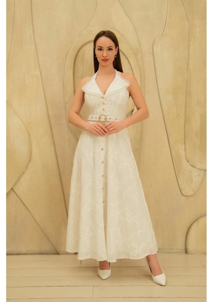 Beyaz Inci Kemer Detaylı Dantelli Elbise