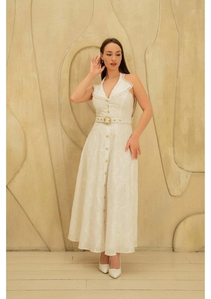 Beyaz Inci Kemer Detaylı Dantelli Elbise fiyatları