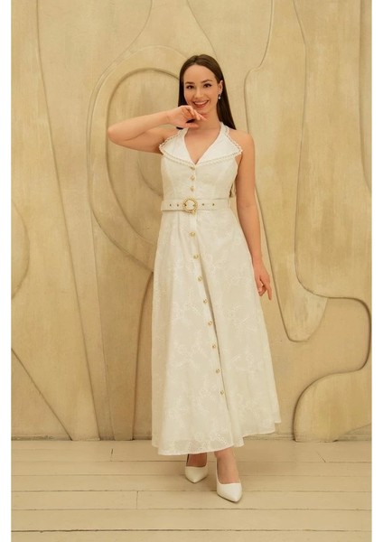 Beyaz Inci Kemer Detaylı Dantelli Elbise modelleri