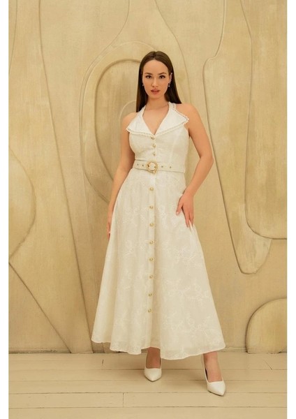 Beyaz Inci Kemer Detaylı Dantelli Elbise fırsatları