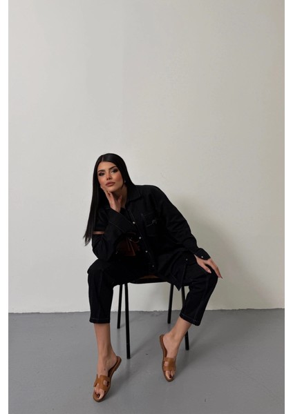 Denim Puntolu Gömlek-Pantolon Takım - Mavi