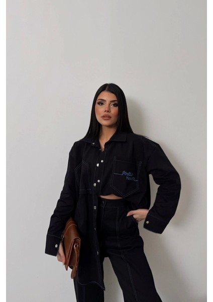 Denim Puntolu Gömlek-Pantolon Takım - Mavi modelleri